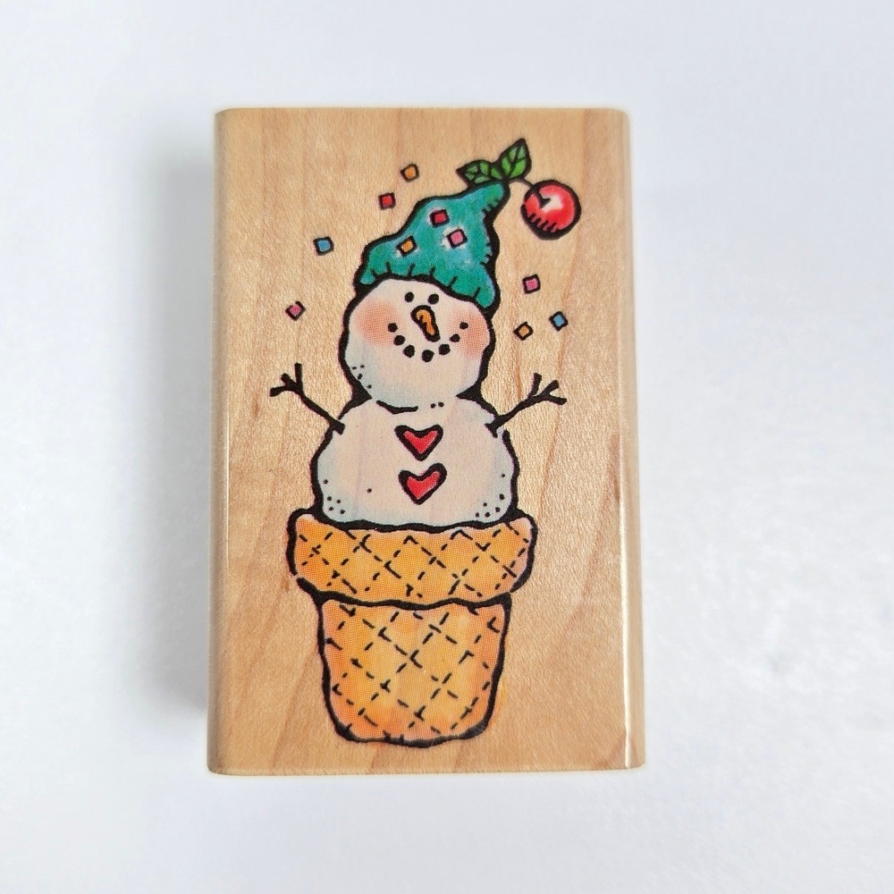 Vintage 90s Penny Black Snow Cone Whimsical Snowman Rubber Stamp 645D Wood Mount